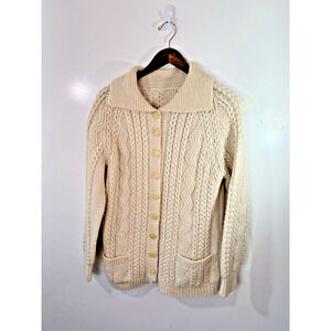No Brand Handmade Womens Wool Fisherman Cable Knit Cardigan Size M Beige Classic